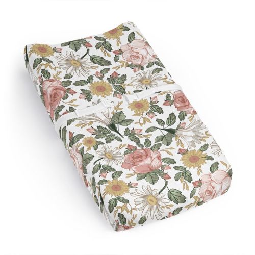 Sweet Jojo Designs Girl Changing Pad Sheet Vintage Floral Pink Yellow and Green