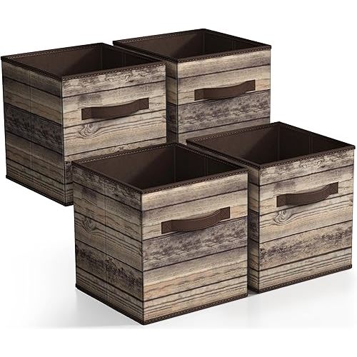 Sorbus Foldable Storage Cube Basket Bin, Rustic Wood Grain Print, 4-Pack (Rustic Bin - Brown)
