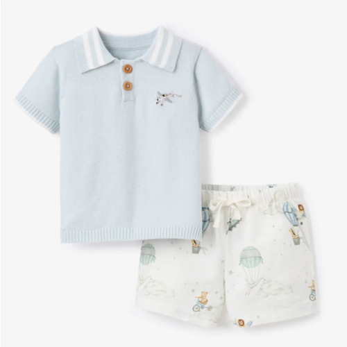Up & Away Knit Polo Shirt + Printed Oxford Shorts BLUE / 9-12M