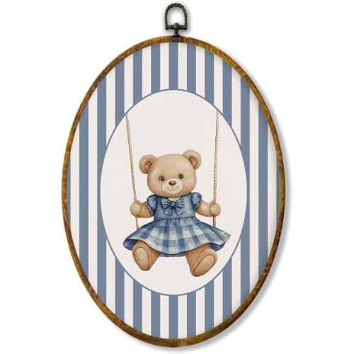 shiviody Bear on Swing Nursery Canvas Wall Art Decor, Blue Striped Nursery Decor, Soft Vintage Animal Oval Hanging Frame Prints Decorations for Home Kids Toddler Room Bedroom Playroom 8.6"x11.4"