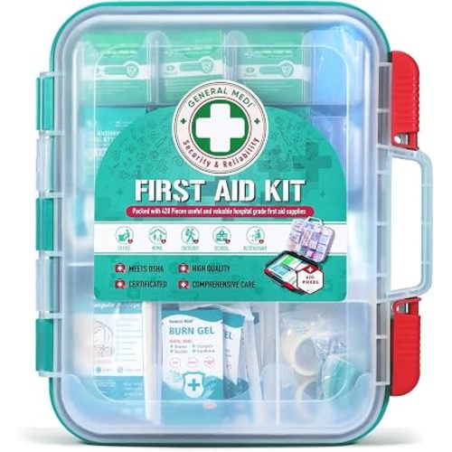 General Medi 420 Pieces Professional First Aid Kit - HardCase First Aid Box - Contains Premium Medical Supplies for Travel, Home, Office, Vehicle, Camping, Workplace & Outdoor
