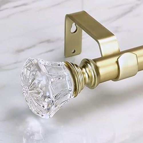 Gold Curtain Rod Set with Crystal-clear Diamond Pattern Finials, 72-144 inch, Standard Single Drapery Rod for 1 Pack, 7/8 inch diameter, Adjustable Length