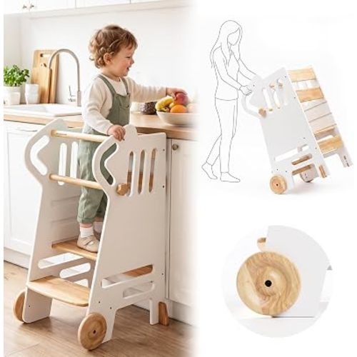 Roslim Toddler Tower with Wheels, Adjustable Height Learning Tower, White