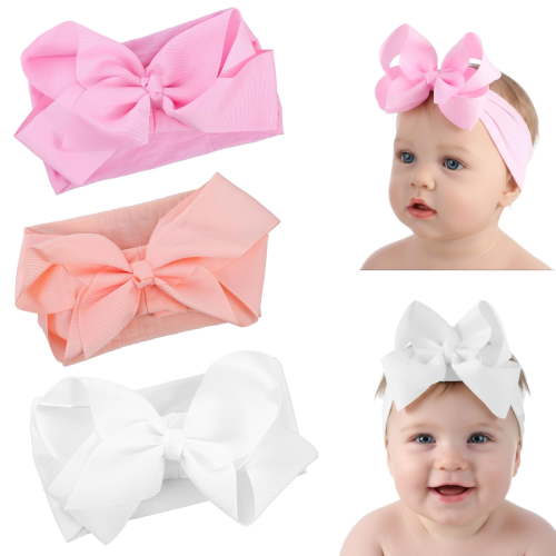 3pcs Baby Girl Headbands with Bows Soft Stretchy Newborn Bows for Girls, Infant Toddler Hair Accessories (White, Ivory, Pink)