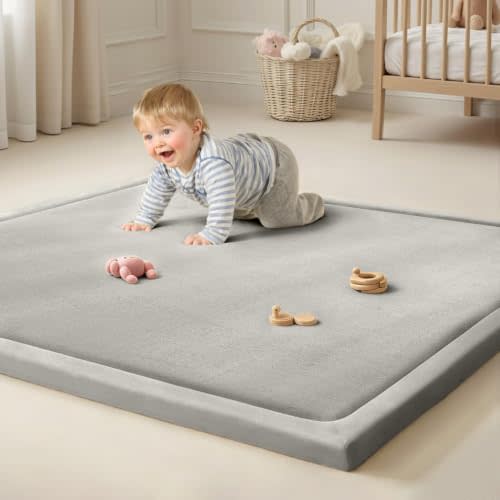 Goyuu Ultra Soft 1.3" Thick Baby Play Mat for Floor, 50x50 Playpen Mat Elasti-Foam Padded Crawling Mat For Babies, Toddlers, Infant, Kids, Non-Slip Backing Safe for Tummy Time, Light Grey
