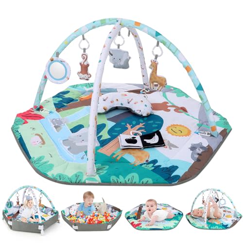 Lilian&Gema Baby Play Gym Mat, Baby Tummy Time Mat with 6 Detachable Sensory Toys, Baby Activity Play Mat for Stage-Based Sensory & Motor Skill Development, Baby Gift for Newborn Infant