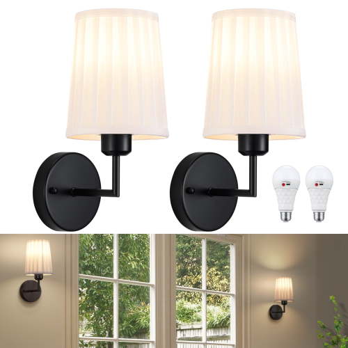 Set of Two Wall Sconces, Battery Operated Wall Sconce Reachargeable Wireless Wall Mounted Lamp Dimmable Battery Powered Wall Light Fixure for Bedroom Living Room Hallway, Black