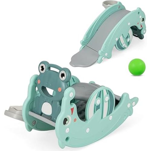 Costzon 4 in 1 Toddler Slide Rocking Toy, Slide for Kids with Basketball Hoop, Rocking Horse, Climber Playground Kids Slide for Both Indoors Outdoor Use (Green Frog)