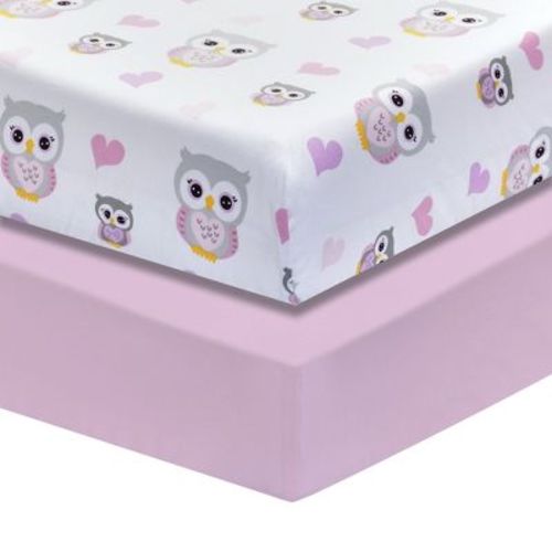 Everyday Kids 2 Pack Girls Fitted Crib Sheets - 100% Cotton, Pink Owls & Hearts, Solid Pink - Fits Standard Crib Mattress 28"x52"