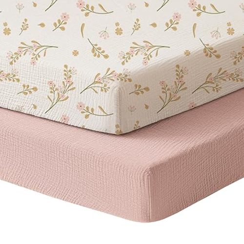 Konssy Muslin Mini Crib Sheets, 100% Soft Cotton Pack and Play Sheets for Pack N Play Mattress, Playard Baby Crib Sheets for Baby Girls (Floral, Pink)