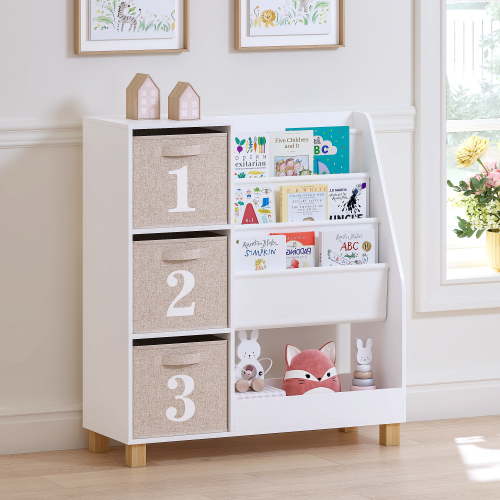 STAROUS 3-Tier Kids Sling Bookshelf with 3 Storage Bins, Wooden Book Display & Toy Organizer, White