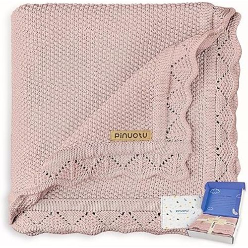 100% Cotton Knitted Baby Blanket, Dusty Rose Newborn Gift, 40x31