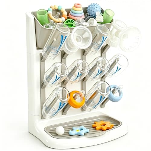 GoMaihe Baby Bottle Drying Rack: Space Saving Vertical Bottle Dryer Holder - The Large Top Compartment Storage Stand Organize Brushes Pacifiers on Countertop - BPA-Free - Gray