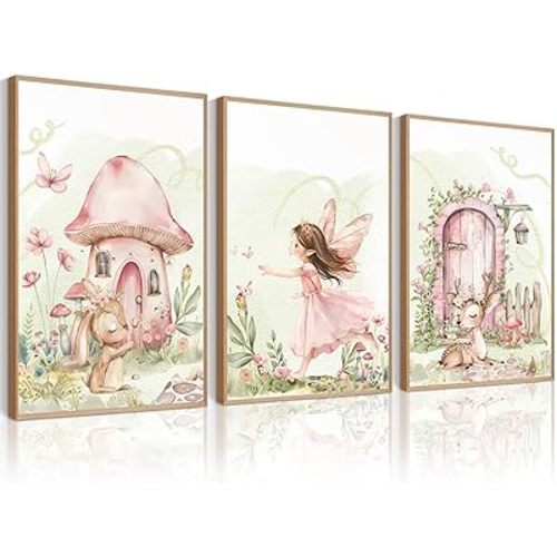 Fairy Girl Nursery Wall Art Magic Canvas Wall Decor Fairy Garden Poster Fantasy Nursery Prints Fairytale Butterfly Flower Pictures Bunny Deer Painting Artwork for Girls Bedroom 12x16x3 Inch Unframed