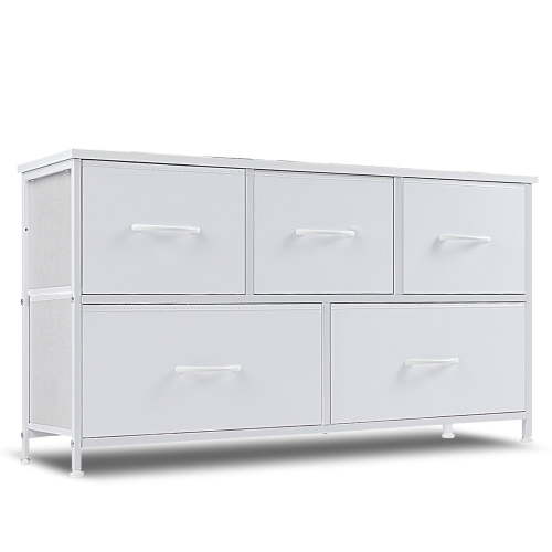 Simenmax 5 Dresser for Bedroom, 5 Storage Drawers, Wide Fabric Closet Chests Organizer Tower Furniture with Wooden Top Metal Frame for Clothes, Room, Living Room, Hallway, Entryway, White