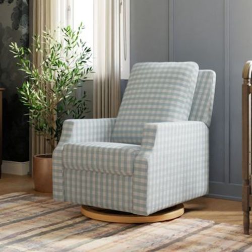 Namesake Crewe Recliner and Swivel Glider - Blue Gingham with Light Wood Base