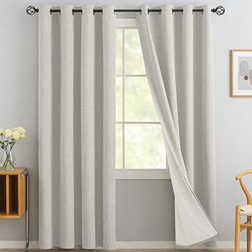 Yakamok Cream Linen Curtains 100% Blackout 84 Inches Long,Room Darkening Textured Drapes for Living Room Thermal Grommet Bedroom Curtains 2 Panels with Greyish White Liner