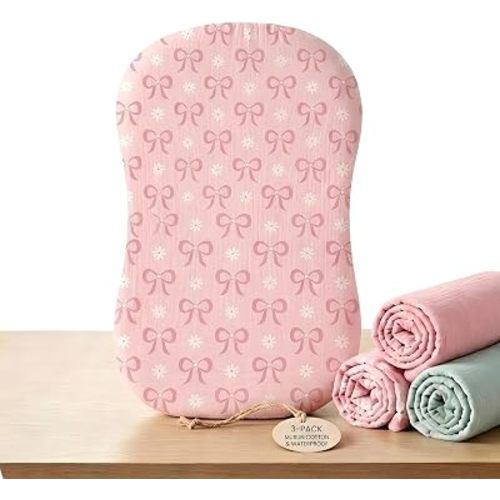 3 Pack Muslin Baby Lounger Cover Compatible with Snuggle Me-Pink Bow