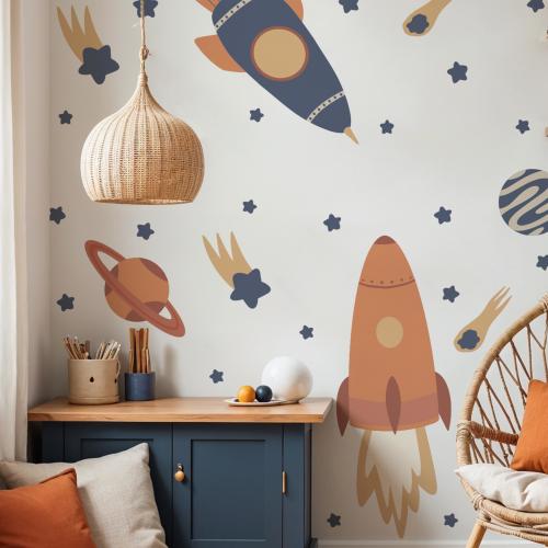 Boho Space Rocket & Planet Wall Decals | Kids Room Galaxy Stickers, 2 Rockets 10"x26", 7 Planets and Stars | Removable Nursery Art