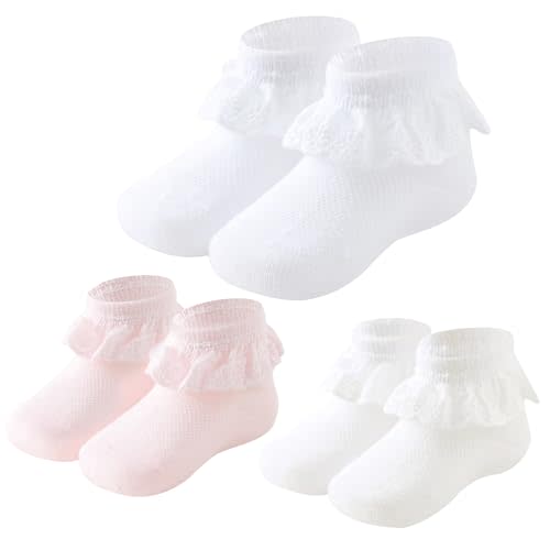 Mini angel Baby Girls Socks Eyelet Ruffle Lace Frilly Dress Socks for Newborn Infant Toddler 3/6 Pairs