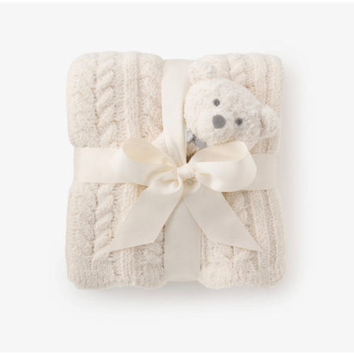 Cream Cable Feather Knit Baby Blanket + Rattle Gift Set – Elegant Baby