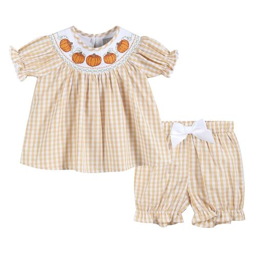 Light Brown Gingham Pumpkin Vine Dress and Bloomer Set