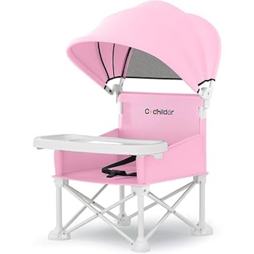 4-in-1 Portable Baby Chair, Foldable Toddler Booster Seat with Removable Tray, Canopy & Safety Harness, Pink