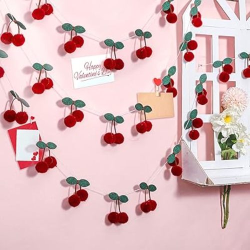 Jexine 3 Pieces Cherry Garland Party Decorations Cherries Birthday Decor Felt Pom Pom Bunting Banner 6.6 ft Fruit Hanging Ornaments for Spring Wedding Baby Shower(Red)