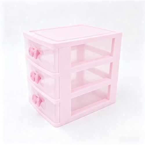 Plastic Storage Organizer for Girls – Cute Desktop Jewelry & Makeup Box with Bow Handles, Ideal for Teens’ Room Decor & School Supplies (Three Layers)