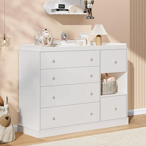 Kids Dresser Cabinet with 6 Drawers, Changing Table for Nursery with Shelf, Multi-Functional Chest of Drawers, Kids Bedroom Furniture, Nightstand for Children's Room, White