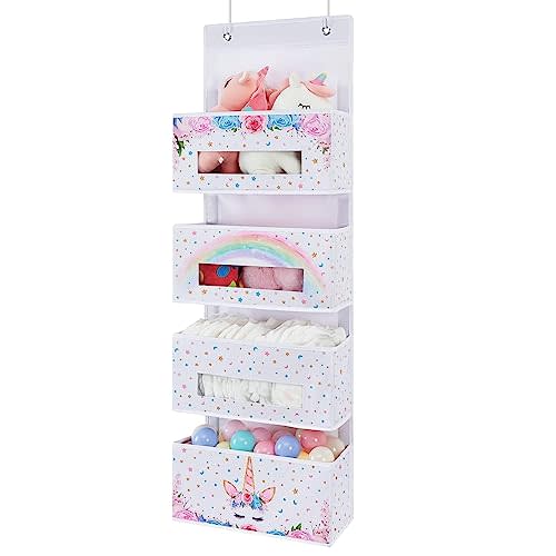 WERNNSAI Unicorn Over Door Hanging Organizer - Behind Door Hanging Storage with 4 Clear Window Pockets for Baby Girls Room Organization Gifts Toy Diaper Pantry Closet Bedroom Bathroom Nursery Decor