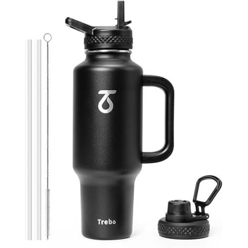 Trebo 40 oz Water Bottle Insulated Fit Car Cup Holder with Handle, Stainless Steel Water Bottles Tumbler with Spout Straw Lids, Double Wall Travel Reusable Flask, Leakproof Mug,Keep Cold &Hot,Black
