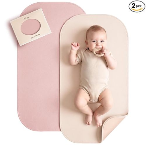 Konssy Faux Leather Baby Changing Mat 2 Pack, Oval, 30"x17" | Wipeable & Foldable, Portable Diaper Changing Pad, Fits Diaper Bags for Travel, Home And on-The-Go Use (Blush,Beige)