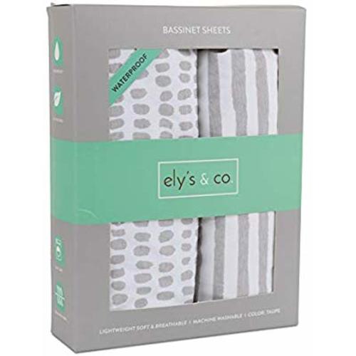 Waterproof Bassinet Sheet,No Need for Bassinet Mattress Pad Cover, 2 Pack Taupe Splash & Stripes,Unisex for Baby Boy and Baby Girl