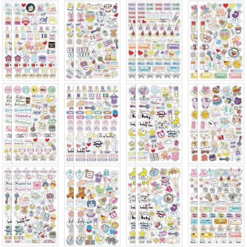 Kisston 24 Sheets Baby Scrapbook Stickers 1000+ New Pregnancy Planner Sticker Baby Calendar First Year Decal Maternity Newborn Themed Decal for Christmas Decorating