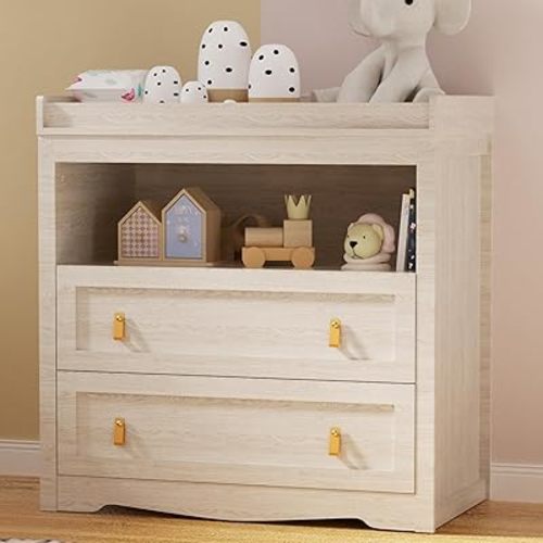 Baby Dresser Changing Table with 2 Drawers 35.4" Changing Table Dresser with Changing Table Top and 1 Open Shelf Diaper Changing Station with Storage for Nursery Children's Room Beige