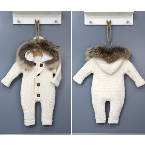 Baby Faux Fur Hooded Winter Romper, Gender Neutral Long Sleeve Baby Romper, Newborn Hooded Romper, Knit Baby Clothes, Baby Winter Outfit