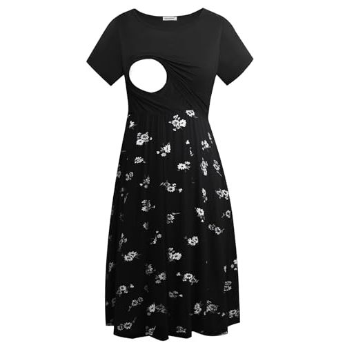 Smallshow Women's Short Sleeve Patchwork Nursing Dresses for Breastfeeding