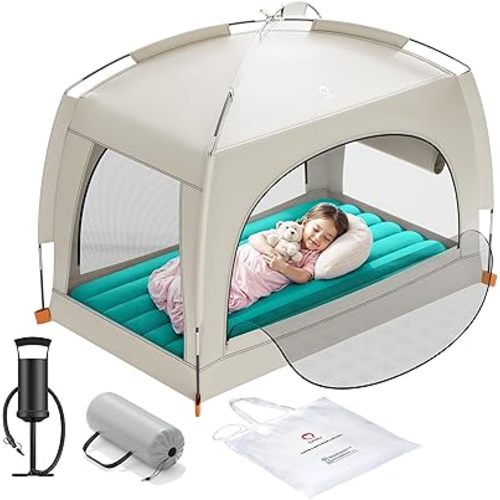 QPAU Inflatable Toddler Travel Bed with Tent – Lightweight Blow Up Kids Air Mattress with Hand Pump – Indoor & Outdoor Portable Sleeping Solution for Camping, Travel, Home, Grandma’s – Ages 3+