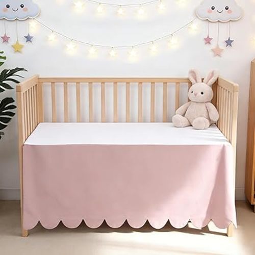 Scallop Edge Crib Skirt Pink, 100% Egyptian Cotton 400 Thread Count Crib Skirt Dust Ruffle,Double Layer,Durable,Smooth Toddler Bedding Skirt for Baby Girls or Boys, 52"X28" with 14"