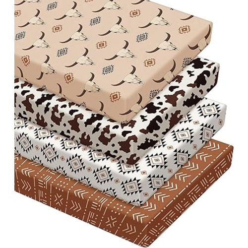 VitalCozy 4 Pcs Aztec Western Crib Sheet Set Newborn Bedding Nursery Baby Sheets for Girl Boys Baby Gifts for Standard Crib and Toddler Mattresses, 52 x 28 x 8 Inches