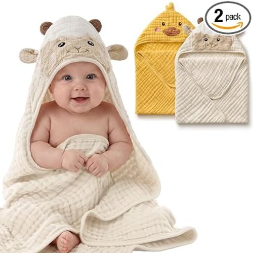 Blissful Diary Muslin Baby Hooded Towel 2 Pack, Soft & Absorbent Bath Towel for Infant, Toddler, Unisex, Baby Gift, Newborn Essentials, Sunny Duck & Gentle Lamb