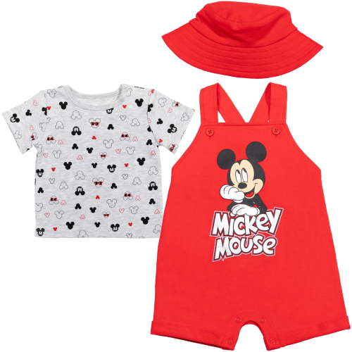 Disney Mickey Mouse Newborn Baby Boys French Terry Short Overalls T-Shirt and Hat 3 Piece Outfit Set Newborn to Infant