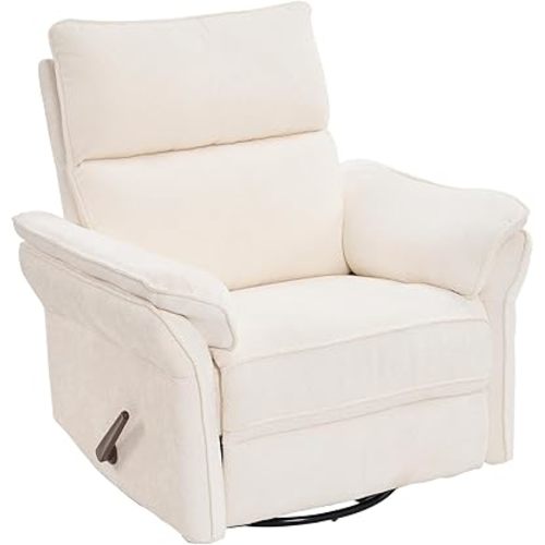 Swivel Rocker Recliner with Adjustable Headrest,Upholstered Glider Rocker Recliner with Overstuffed Armrest,Manual Recliner Nursery Chair for Living Room,White