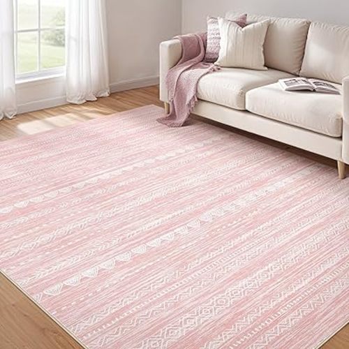 Nakagishi Pink Rugs for Bedroom Girls: 5x7 Washable Boho Large Neutral Area Rug Cute Soft Modern Indoor Floor Non Slip Accent Carpet for Living Room Nursery Kids Playroom Dorm Preppy Baby Room Decor