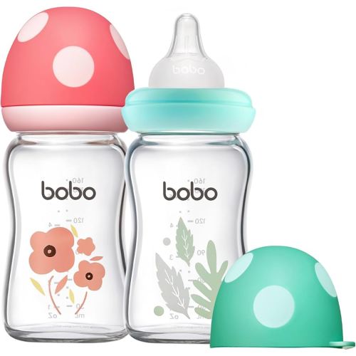 YOHKOH Natural Glass Baby Bottle with Level 1 Slow Flow Nipple, Newborn Anti-Colic Baby Bottles, Wide Neck Mushroom Baby Glass Bottle ((5.4oz (Pack of 2), Multicolour)