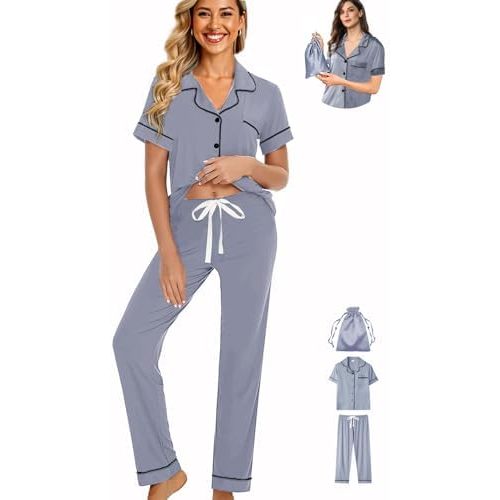 Womens 3Pcs Pajamas Set Soft Pajama Sets Button Down Pjs Set Knit Sleepwear Lounge Sets with Long Pants XS-XXL