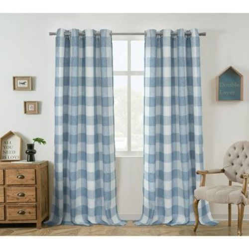 DriftAway Buffalo Plaid Blackout Curtains Linen Farmhouse Thermal Insulated Fabric Dusty Blue 52X90