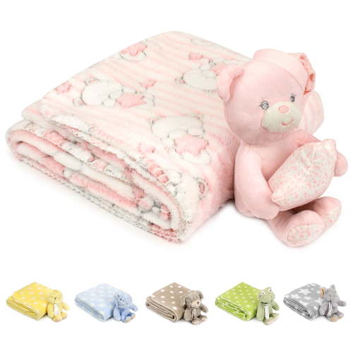 JOIE BEAN Baby Blanket and Stuffed Animal Set for Girls | Soft Fleece Baby Security Blanket with Teddy Bear Toy for Newborn, Infant | Pink Baby Blanket for Girls with Plush Toy Gift Set (Pink)