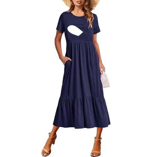 CzzzyL Women Nursing Short Sleeve Crew Neck Fall Dress Maternity Flowy Maxi Dresses Tiered Cocktail Dress with Pockets